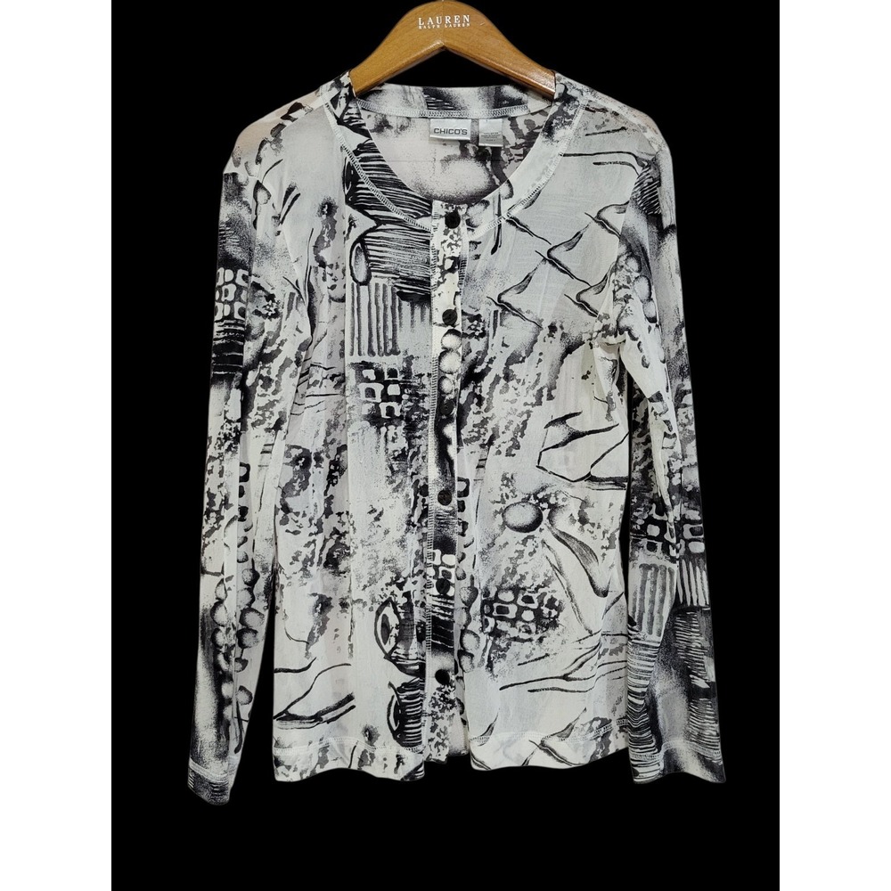 Chicos Semi Sheer Button Up Top Womens Medium Abstract Black White Classic
